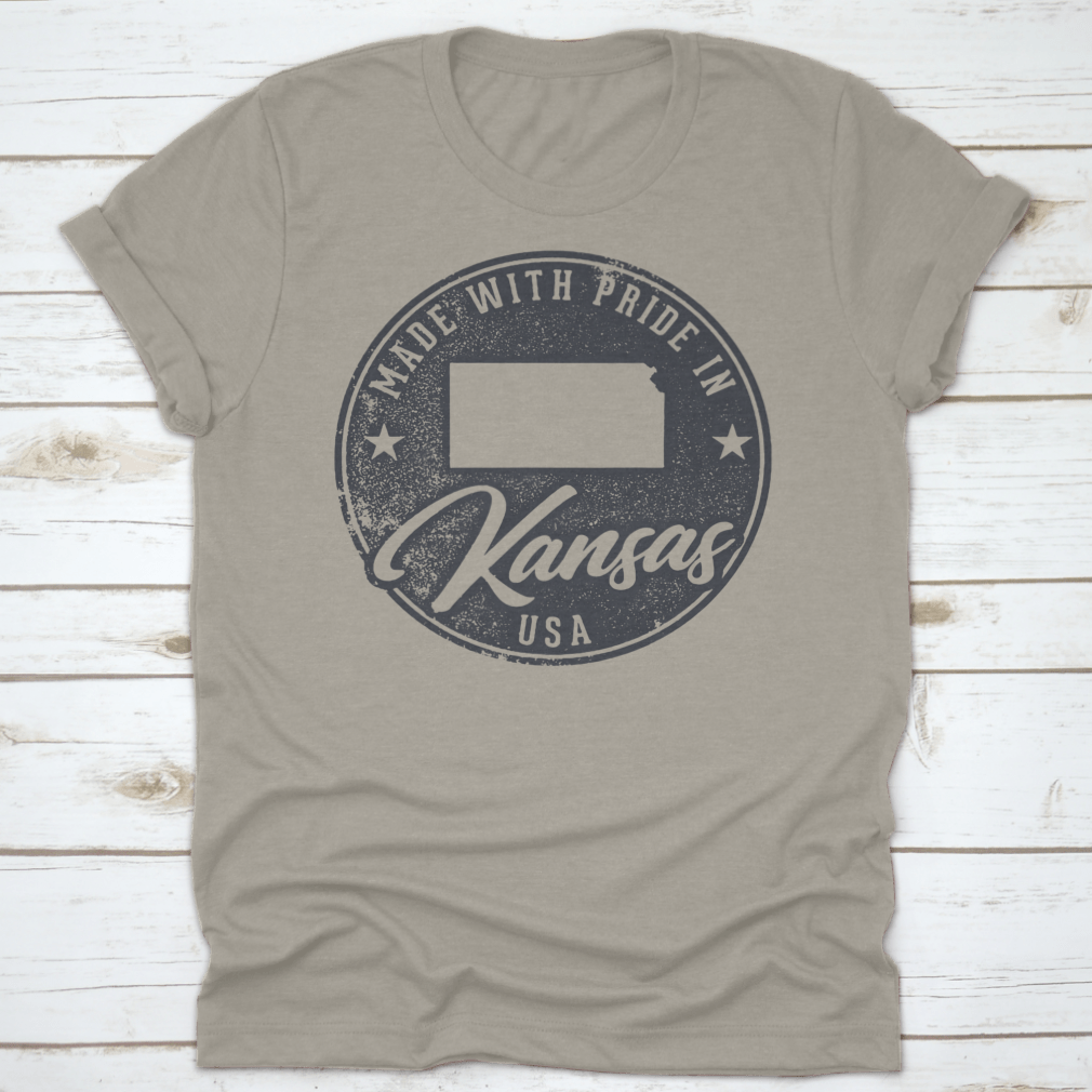 A comfortable t-shirt made from 100% cotton, featuring a Kansas state map packaging label, showcasing its quality and classic fit.